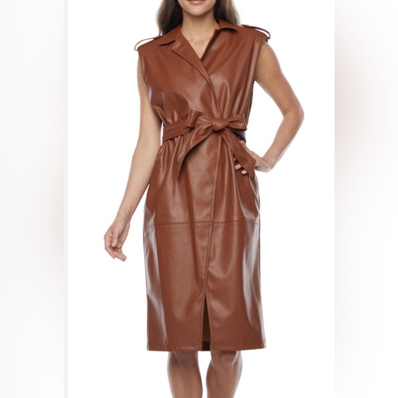 Worthington Sleeveless Jacket Wrap Dress  Brown Faux Leather Belt Size Large - Picture 1 of 12